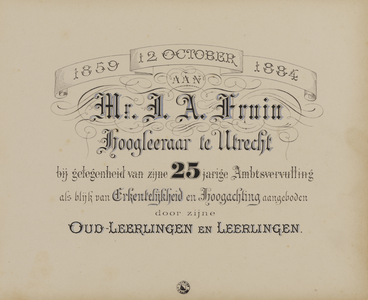 221450 Titelpagina van een album met portretfotootjes van oud-leerlingen en leerlingen van prof.mr. J.A. Fruin, hem ...